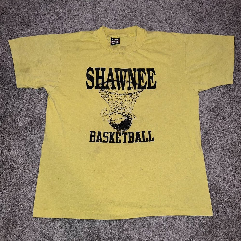 VTG 90s Shawnee Basketball #2 Yellow Single Stitch Shirt Made in USA FOTL Best L